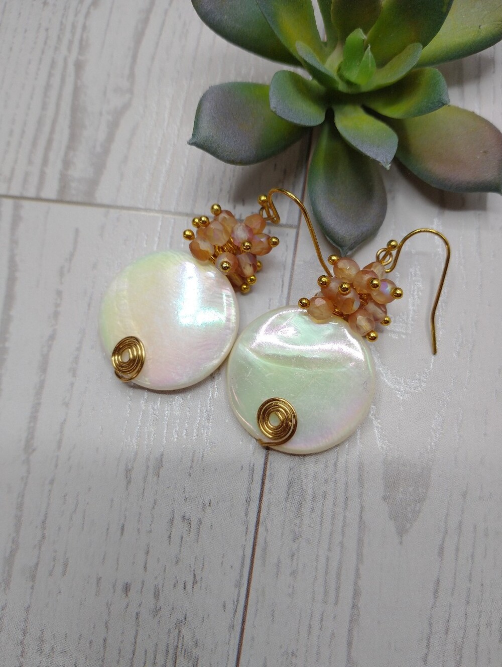Handmade Genuine Mother of Pearl Shell Coin Beads, Cluster Drop Earrings